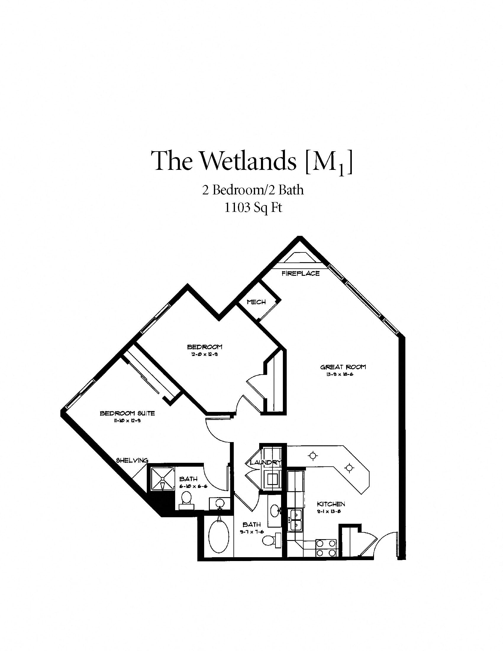 Floor plan for 2 beds, 2 baths, 1103 sqft